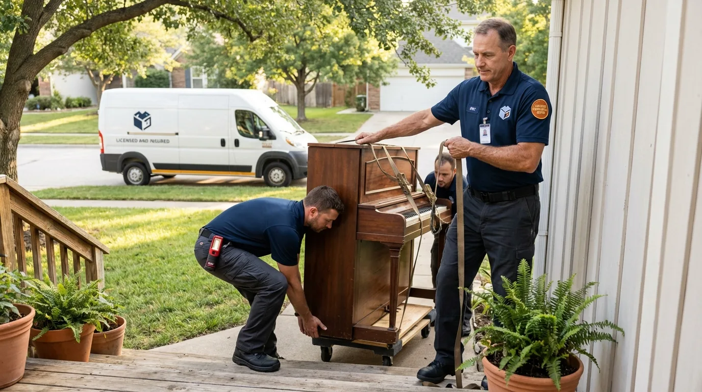 Licensed piano movers securing grand piano in South Bend, WA