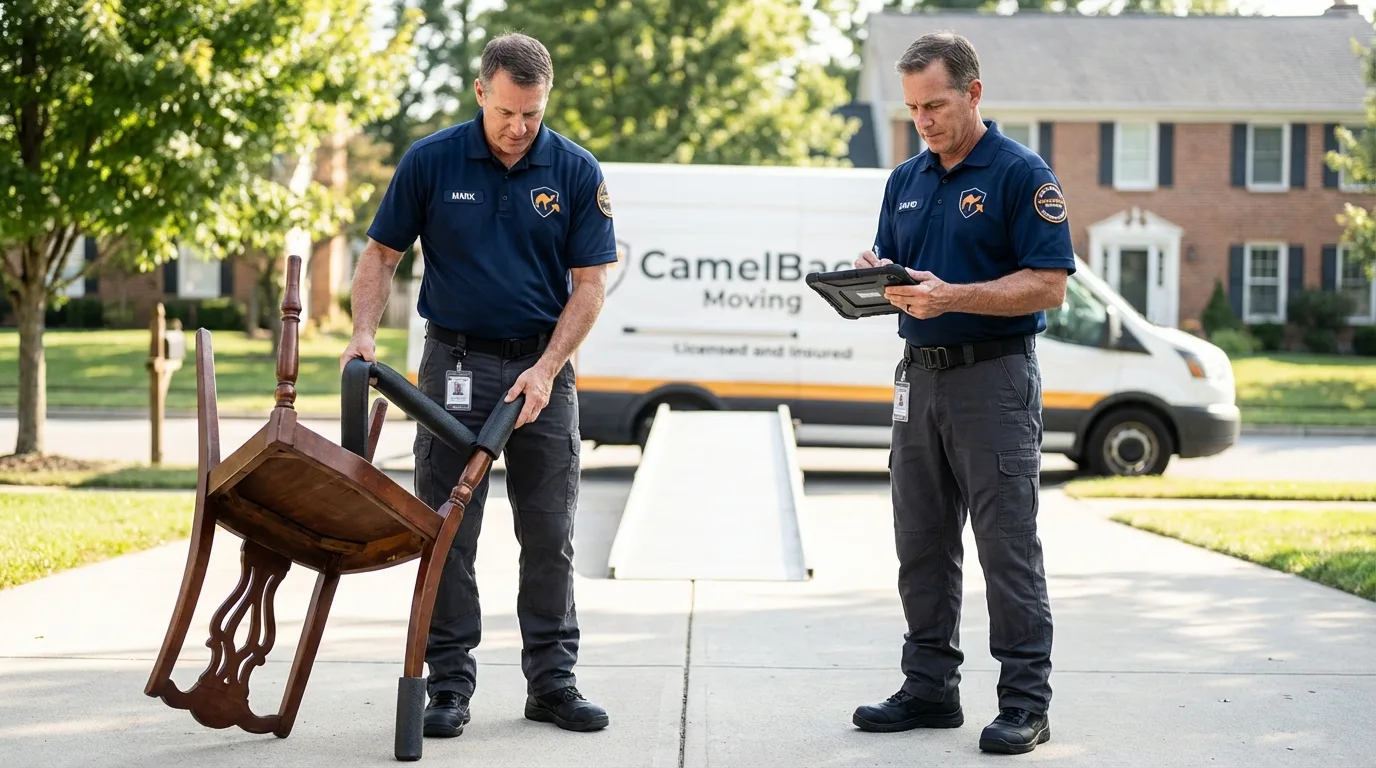Movers inspecting furniture for damage prevention before loading in South Bend, WA