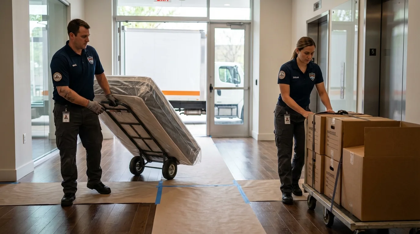 Professional apartment movers loading elevator in South Bend, WA