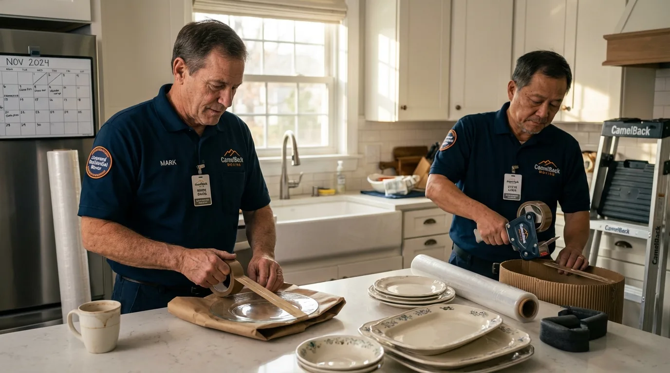Professional crew packing kitchen dishware in South Bend, WA